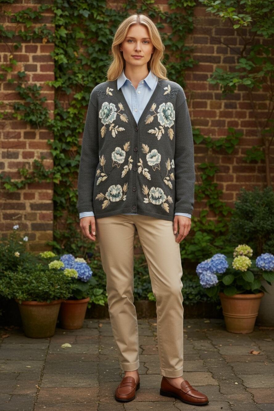 Vintage Alfred Dunner Floral Embroidered Wool Blend Cardigan Sweater Large Gray